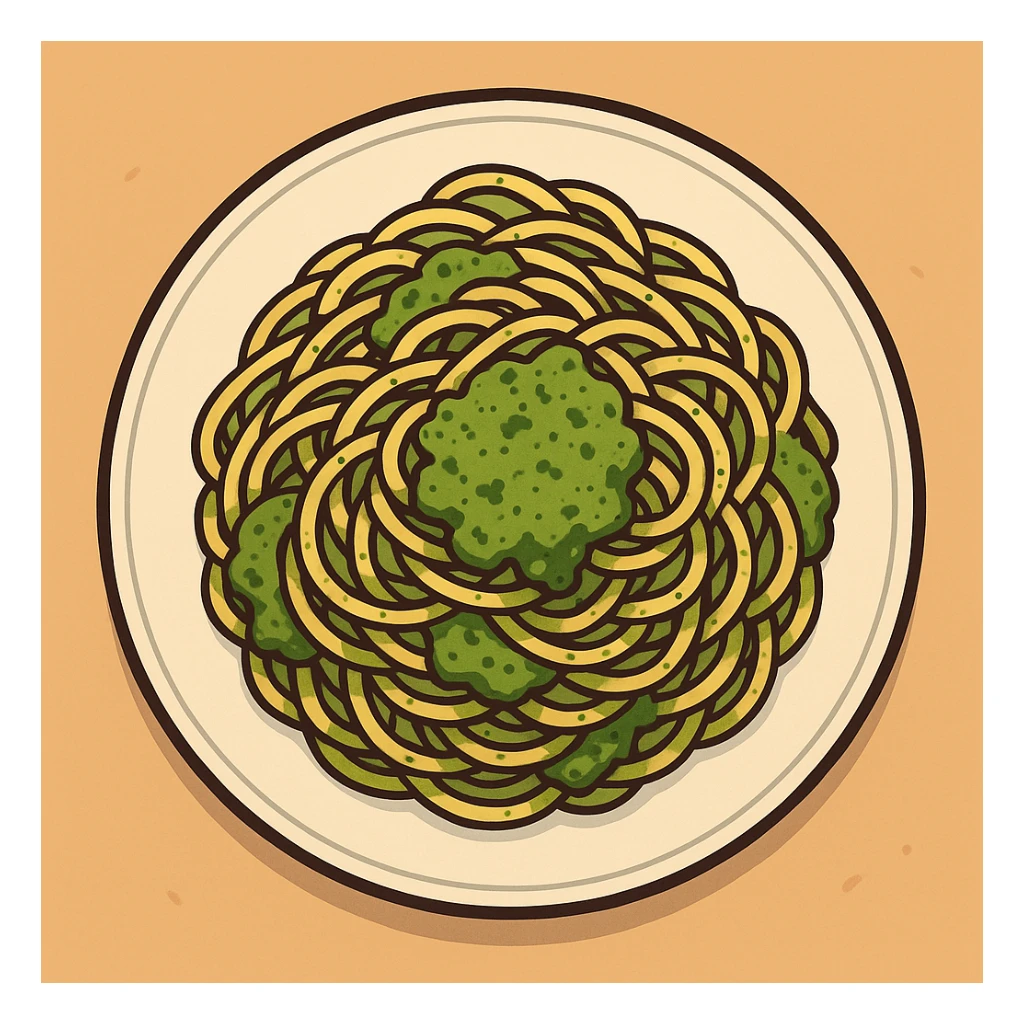 spaghetti with green pesto, appetizing, top-down view, vibrant colors sticker