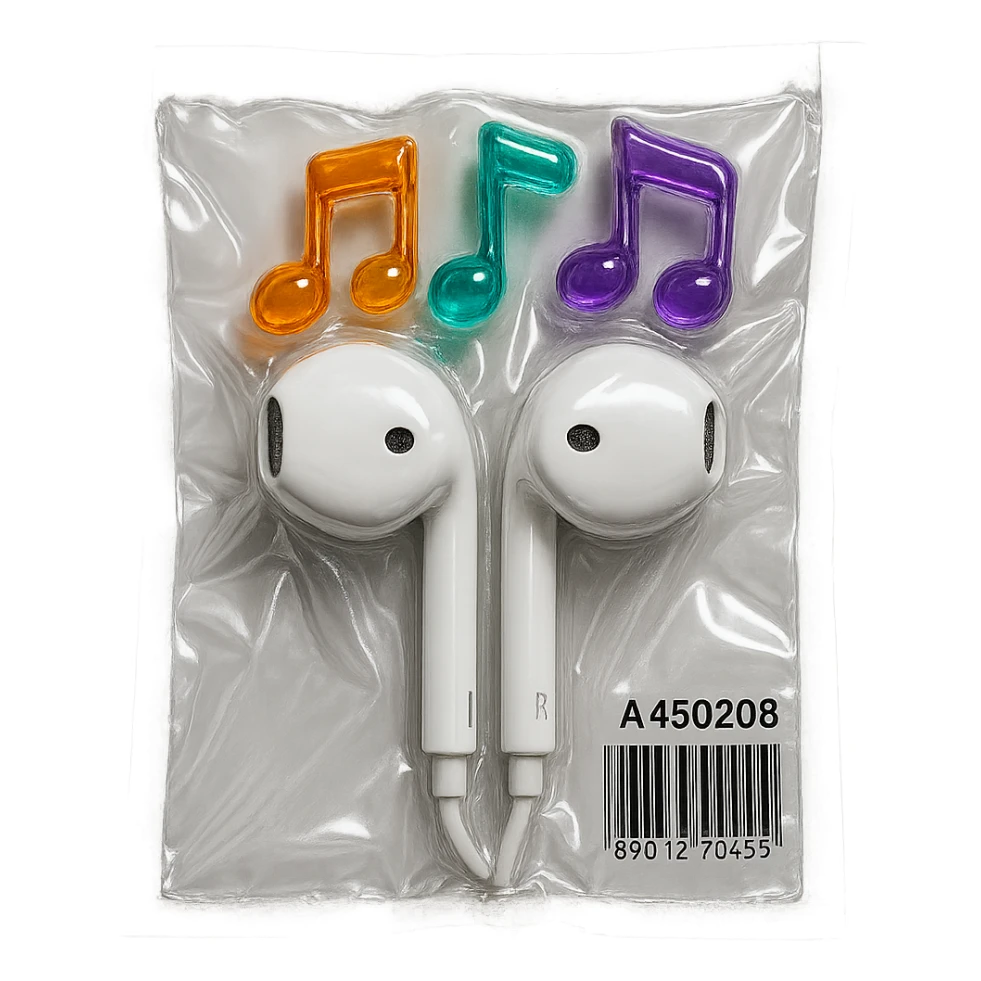 pair of white EarPods with three colorful transparent music notes in orange, teal, and violet arranged above, shiny and puffy sticker