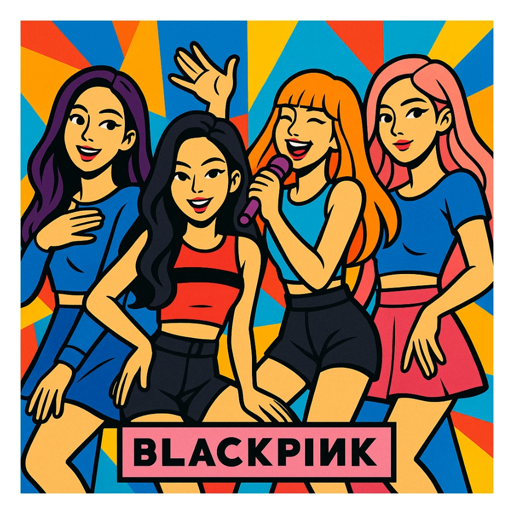 Blackpink K-pop group, stylized group portrait, vibrant, energetic, modern pop art style sticker