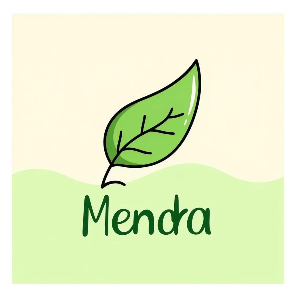 Mendra logo: stylized leaf with flowing green lines, upward curve for vitality. 'Mendra' in modern sans-serif, vibrant green tones. Background is a soft gradient of light beige and pale green, Notion black doodle style. sticker