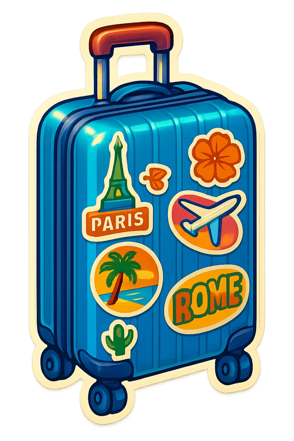 ribbed suitcase with wheels and handle, covered in bright travel stickers, drawn at three-quarter view, retro sticker style with color, strong contours, sharp color transitions for shadows and highlights, no soft blending sticker