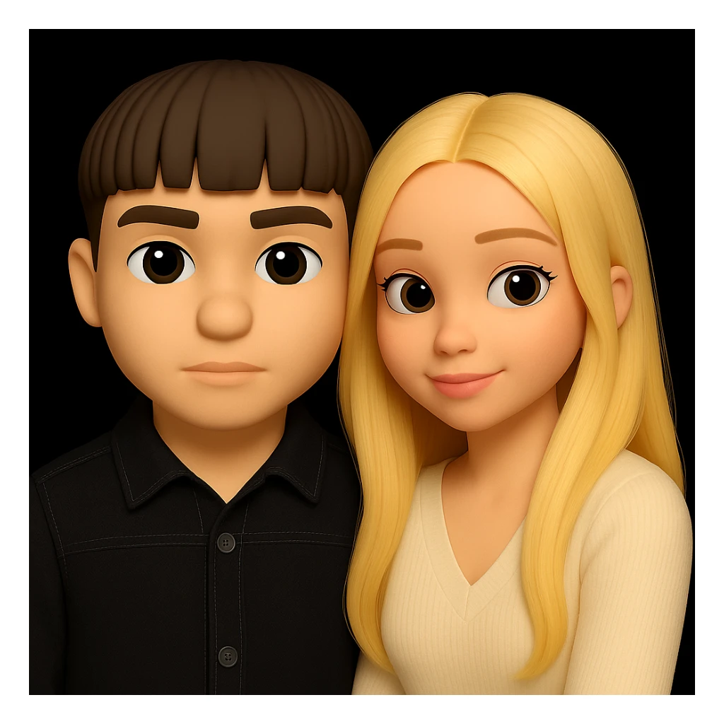 Combine both people from the provided images into one harmonious composition in a 3D emoji style with realistic details, capturing the essence of the original 3D emoji style. sticker