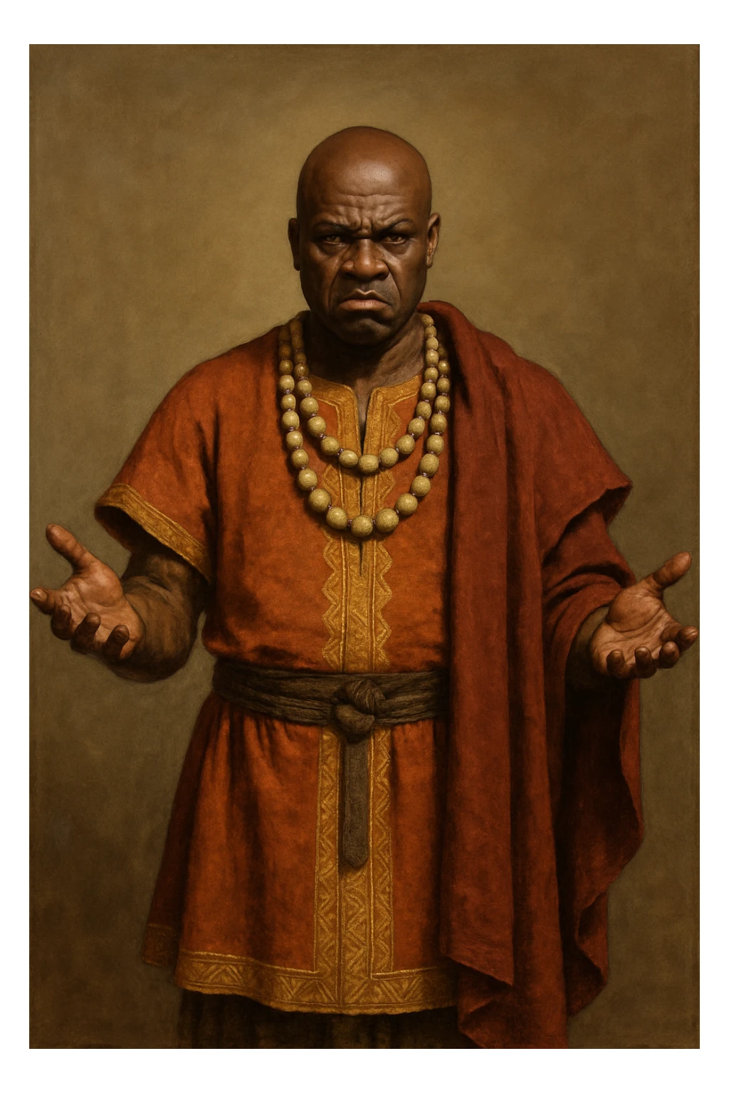 Сгенерируй мне афроамериканца в национальном африканском СРЕДНЕВЕКОВОМ костюме, с бусами лысого,  . Строго в анфас. Его лицо чуточку недовольно, а руками он размахивает и разводит в сторону. На однородном фоне. В стиле реалистичной живописи. Он полностью помещается в экран и не обрезается краями изображения sticker