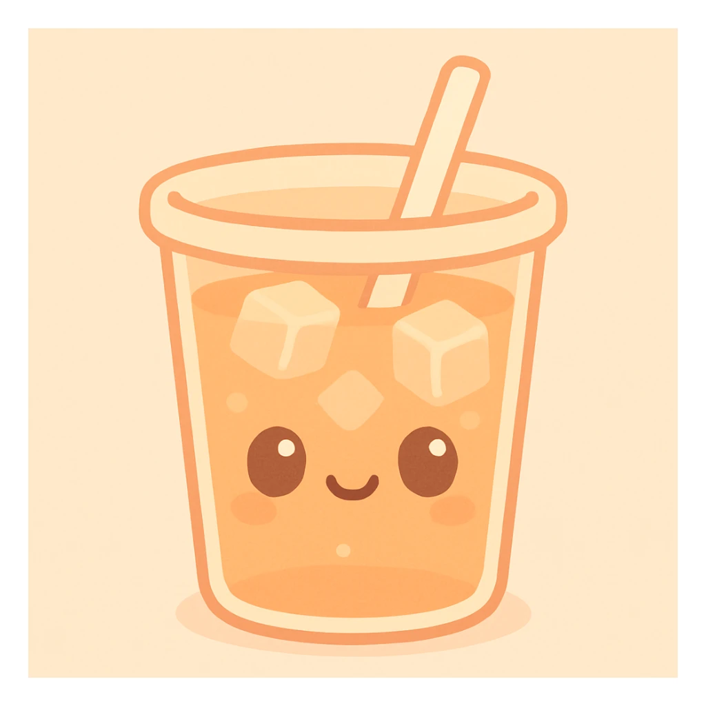 kawaii style iced tea cup with a happy face, ice cubes, and soft orange colors sticker
