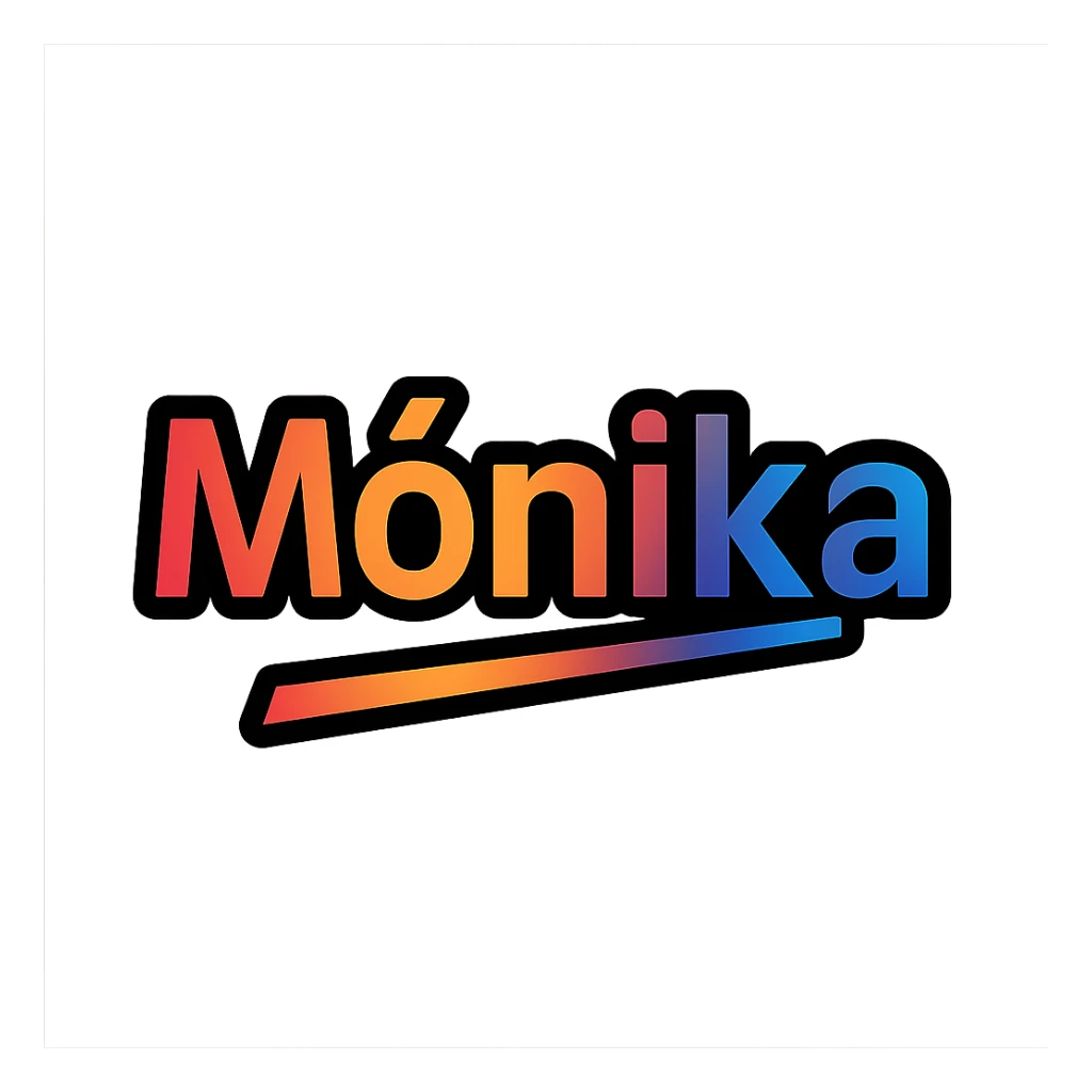 Mónika name in modern colorful gradient font with dark outline, dynamic slanted or partial underline, transparent background, in the style of reference patterns sticker