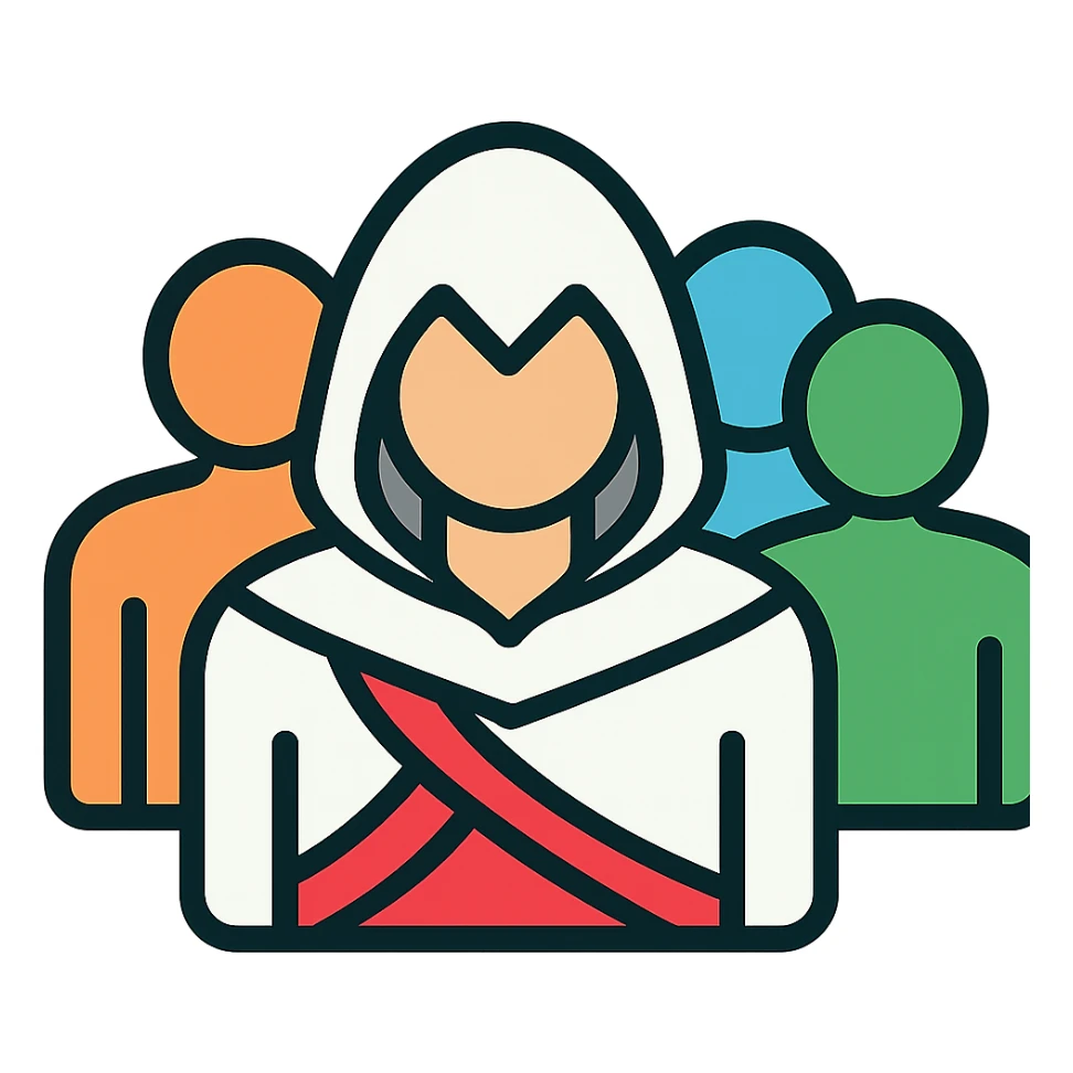 assassin's creed character blending into a crowd, minimalist, rounded, soft lines, simple shapes, Airbnb icon style sticker