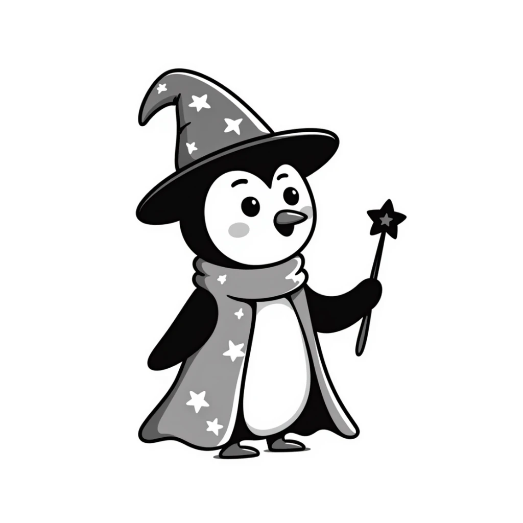 cute penguin wearing a wizard hat and robe, holding a magic wand sticker
