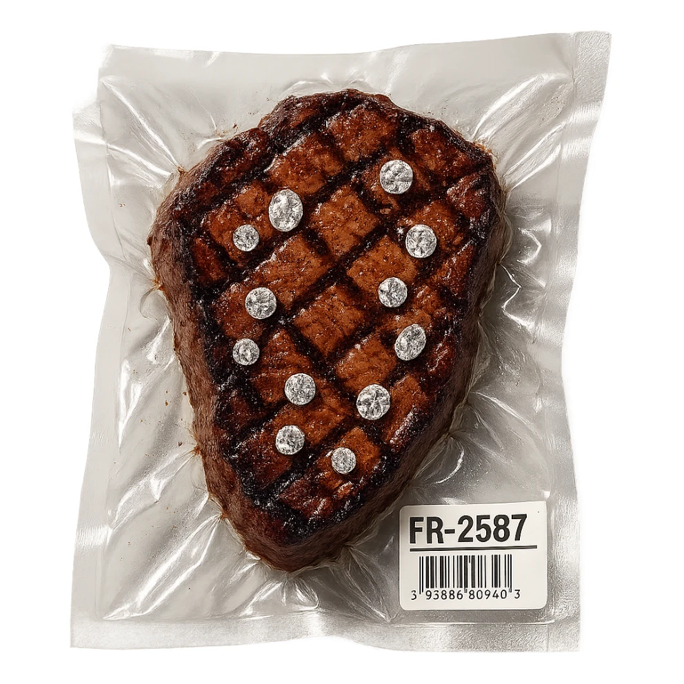 grilled steak with scattered diamonds, glossy, vacuum-sealed style sticker