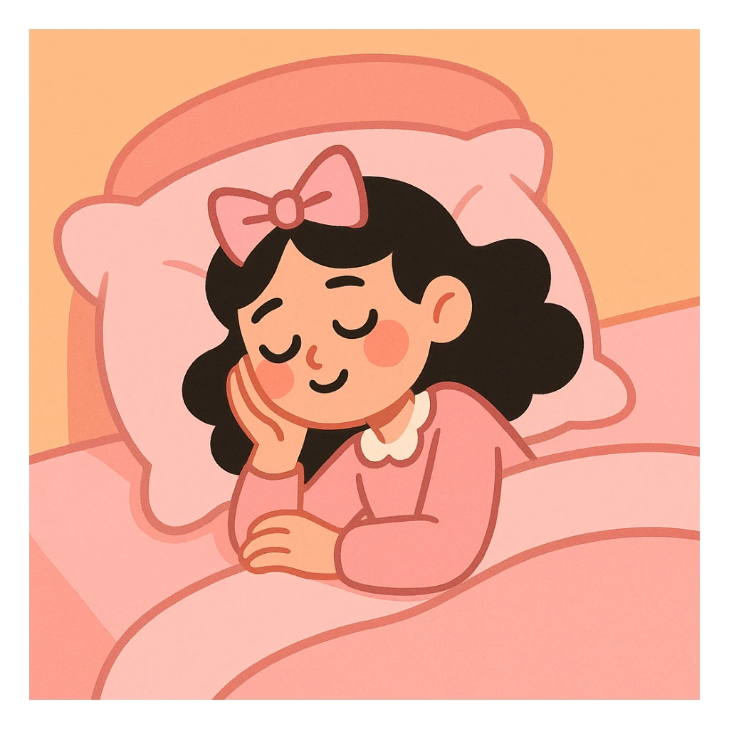 coquette girl sleeping in a pink soft bed, pastel toon style sticker