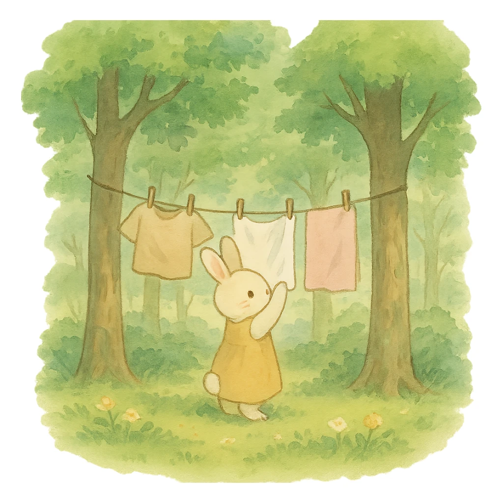 bunny hanging laundry between trees, calming domestic forest feel, soft pastel colors sticker