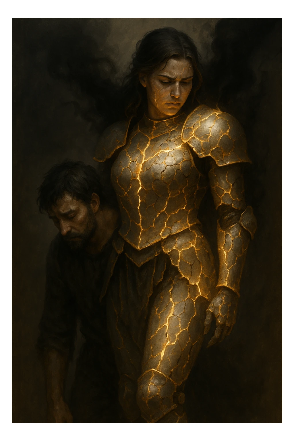 Vertical format: A woman with a glowing armor cracking under the weight of the man's negative energy, he has a defeated posture. sticker
