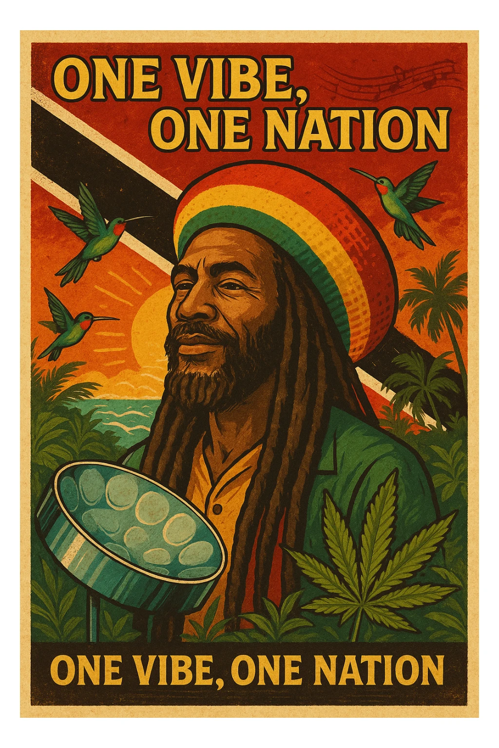 Create a vibrant digital illustration in vintage poster style featuring a proud Trinidadian Rasta man with long dreadlocks and a bold red, gold, and green tam. The background should incorporate the Trinidad and Tobago flag in a stylized, textured way — using deep red, black, and white tones that blend with tropical elements. Surround the figure with iconic cultural symbols like steelpan drums, ganja leaves, and hummingbirds in flight. Add warm Caribbean sunlight, ocean waves, and lush greenery to enhance the island energy. The Rasta man should radiate peace, power, and island wisdom — with bold facial features, calm expression, and a sense of spiritual presence. The overall tone should be rootsy, regal, and rich with island soul — merging reggae culture with Trinidadian pride. Optional accents: subtle soca rhythm lines in the background or a quote like “One Vibe, One Nation.” sticker