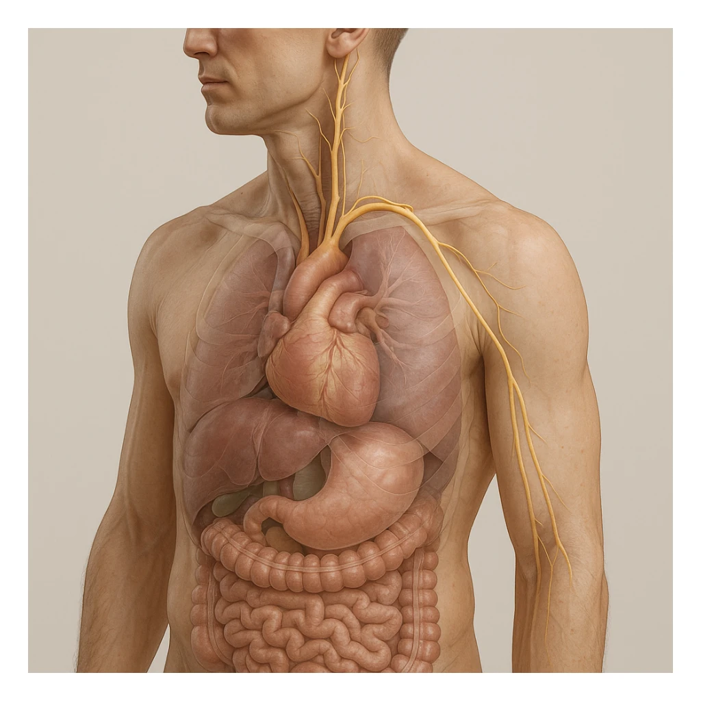 realistic 4K image of human body with vagus nerve highlighted, oblique view, anatomical details, visible vagus nerve path, transparency on internal organs, natural colors, neutral background sticker