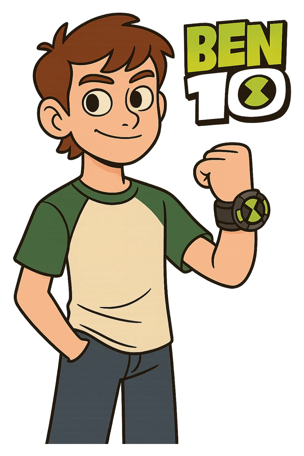 Ben 10 logo, playful and rounded font, green and yellow color scheme, cartoon style sticker