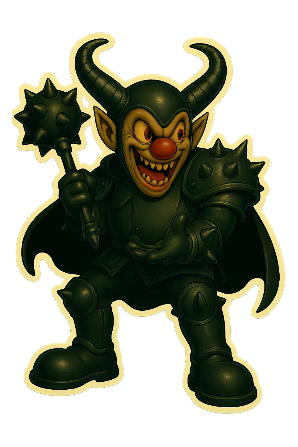 A menacing armored clown with ram horns, glossy black on matte black armor, short cape, large but not comically oversized black clown shoes, oversized spiked mace held loosely at his side, body language and posture casual and relaxed, not ready to attack. Spikes on knee, elbow, and shoulder armor. Glowing gold-red eyes, mouth open as if talking, gesturing with one hand, vibrant retro stickers style, no yellow aged tint, full body, transparent background. sticker