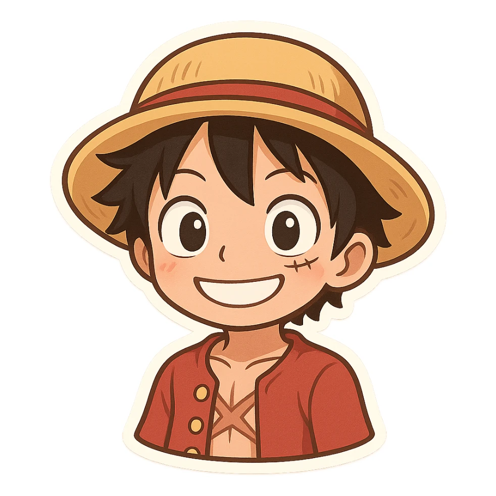 Monkey D. Luffy, chibi style, big eyes, straw hat, smiling sticker