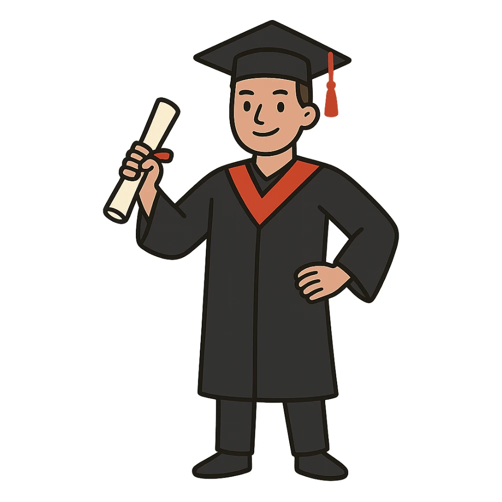 flat toon style successful graduate student, cap and gown, diploma, confident pose sticker