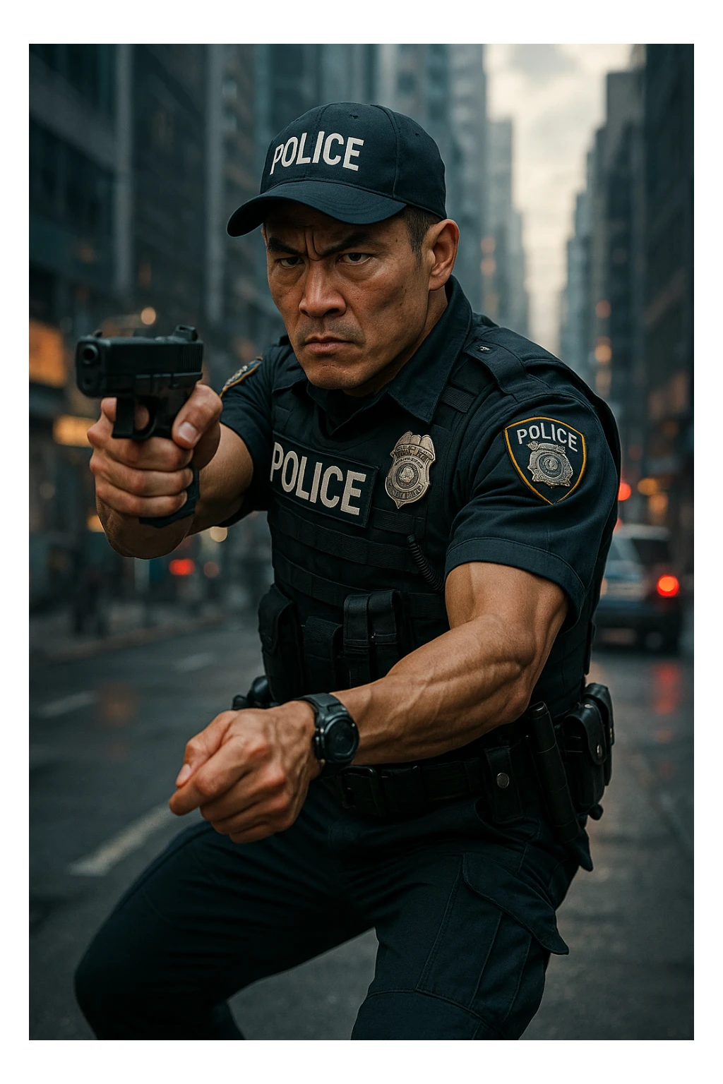 hardcore Asian police officer, tough expression, modern police uniform, action pose, detailed, dynamic, urban background, cinematic lighting sticker