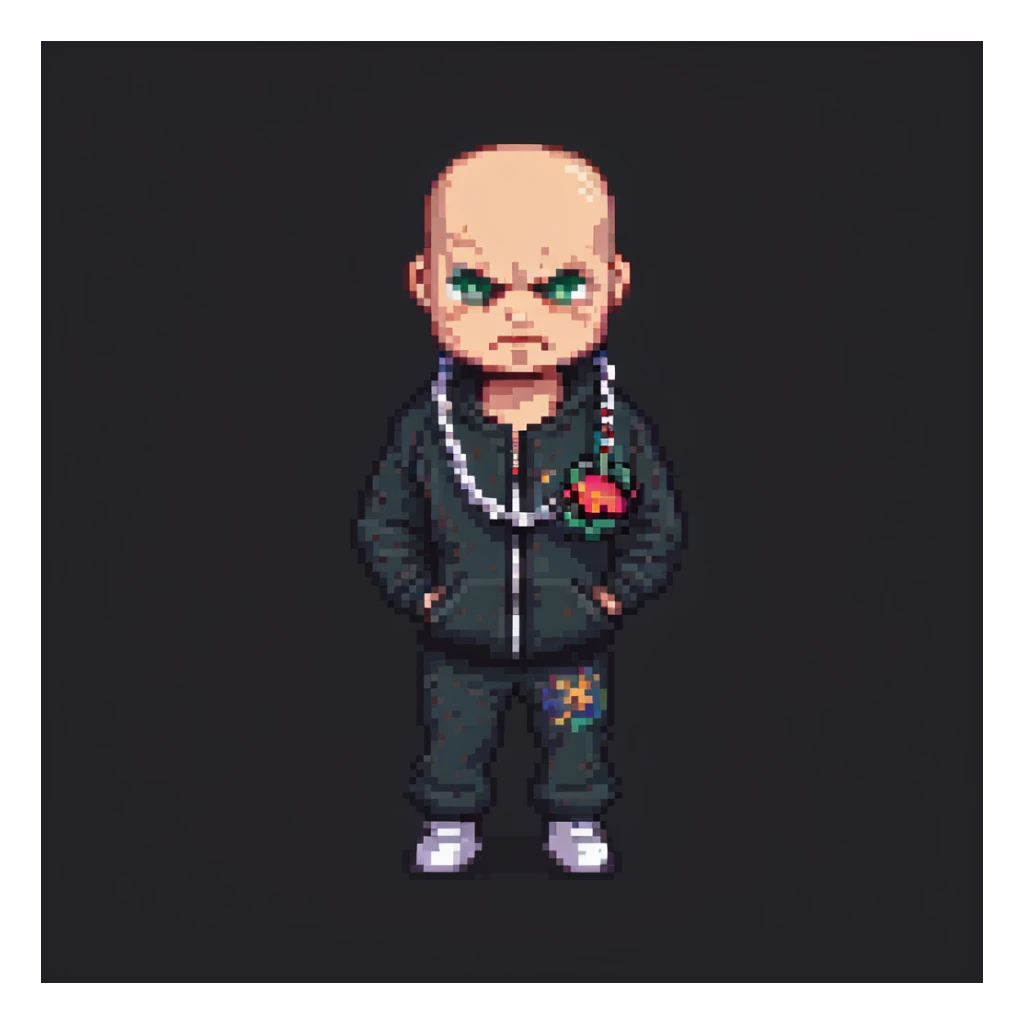 Pixel art thug in tracksuit, holding chain in Hand, bald head, angry expression, side view, retro arcade sprite
 sticker