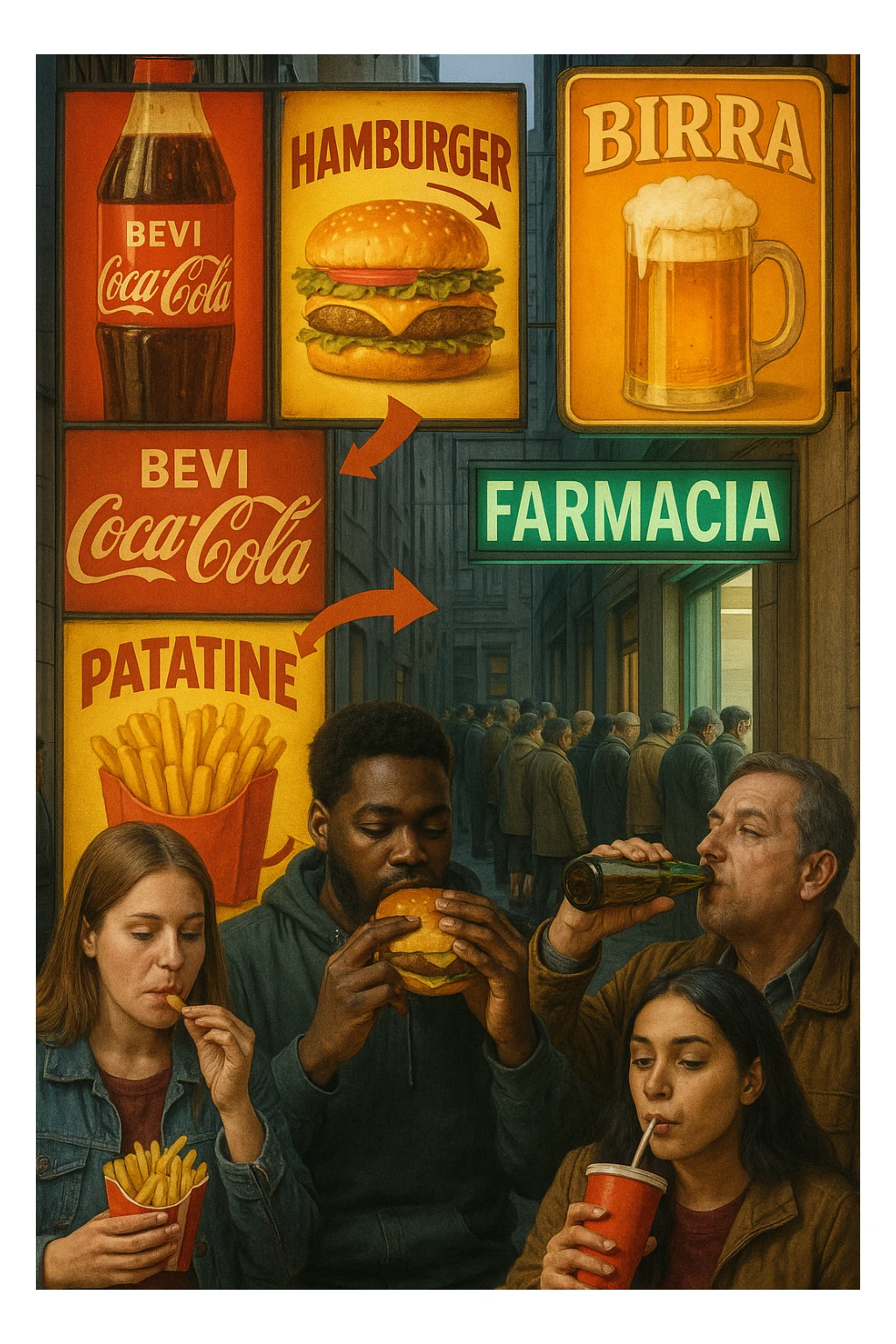 Realistic, vertical scene: a city street filled with bright, enticing advertisements for junk food and alcohol. In the foreground, people indulge in unhealthy foods and drinks, while in the background, a large pharmacy sign glows, and a line of people waits to buy medicine. Subtle arrows or visual cues connect the unhealthy choices to the need for medication, highlighting the cycle. in italiano sticker