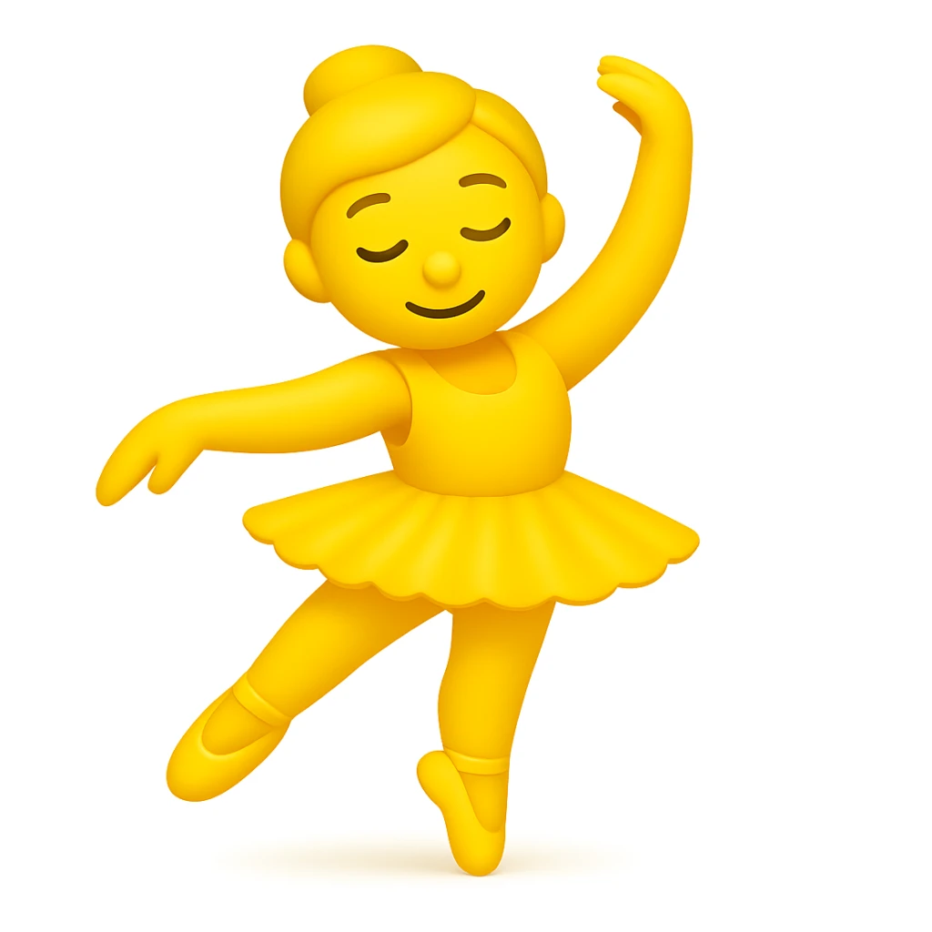 Keep the image just like the reference but make the skin color classic yellow emoji skin in iOS emoji style. Same pose, yellow tutu, elegant, smooth, and shiny. The style should resemble classic yellow iOS emoji skin tone and texture. sticker