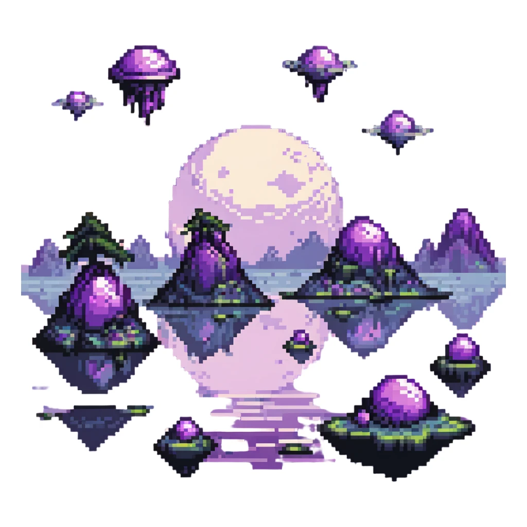 Alien planet with purple sky and floating islands in pixel art style. sticker
