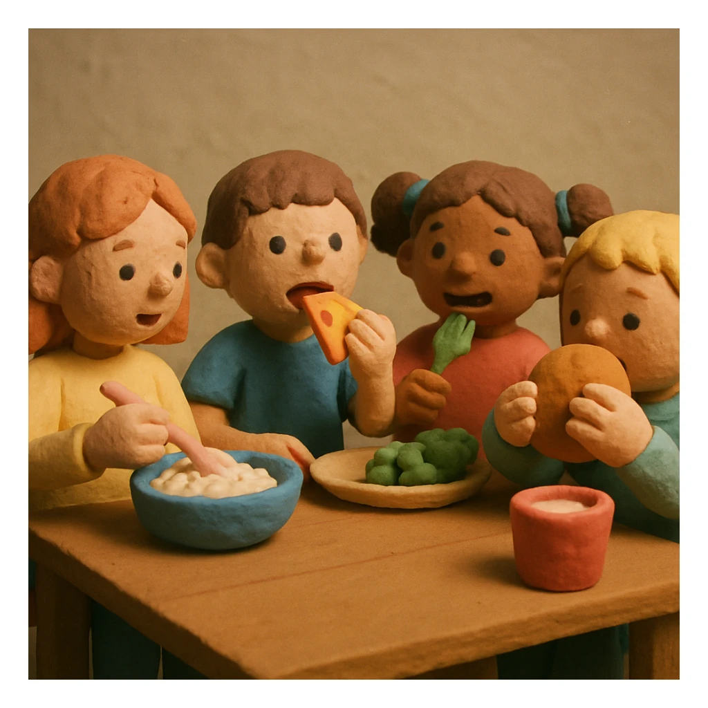Children eating, matte, plasticine claymation with visible fingerprints and pastel colors. sticker
