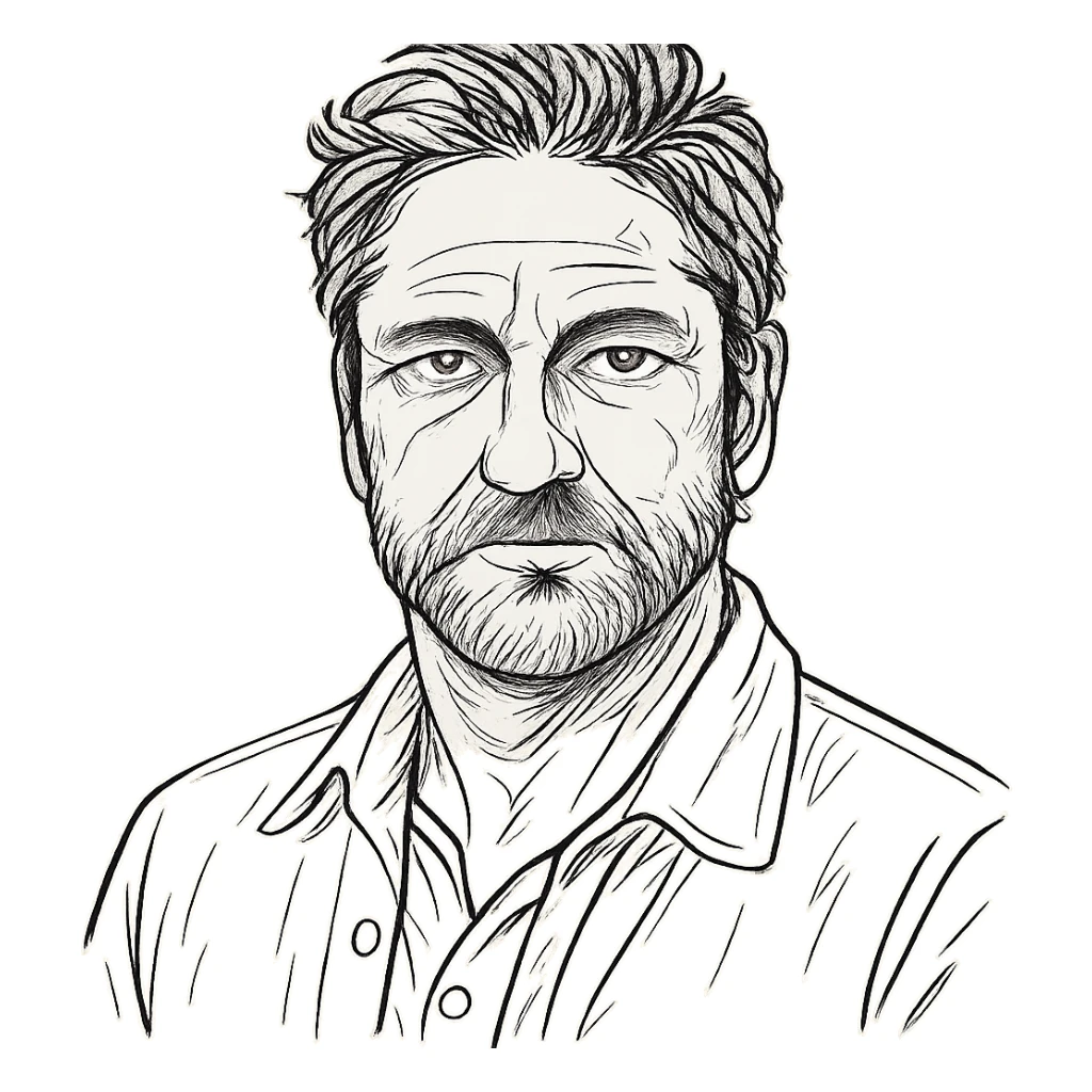 hand drawn outline style portrait inspired by Gerard Butler sticker