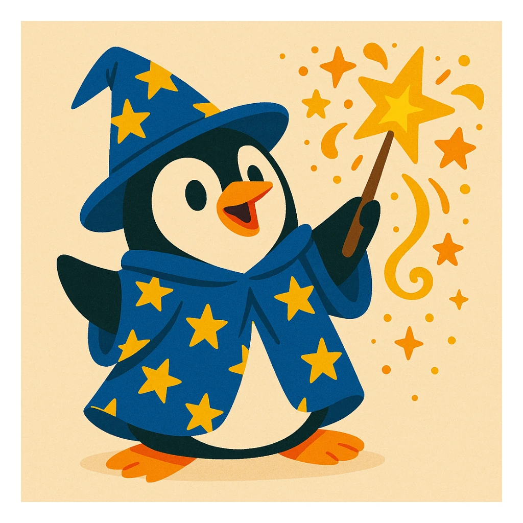 cartoon penguin wizard with a starry robe and a wand, casting a spell, whimsical style sticker