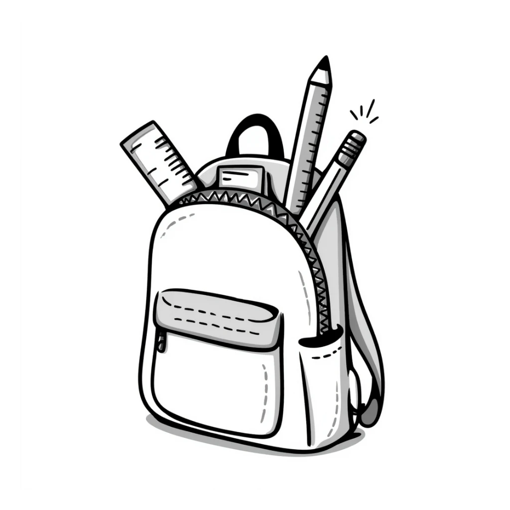 a backpack with pockets, zippers, and straps, containing school supplies like notebooks, pencils, and rulers peeking out, in pastel colors dd9fb0, ffc6d3, a3bfc9, c4bee2, f1b091, detailed hand-drawn doodle style sticker
