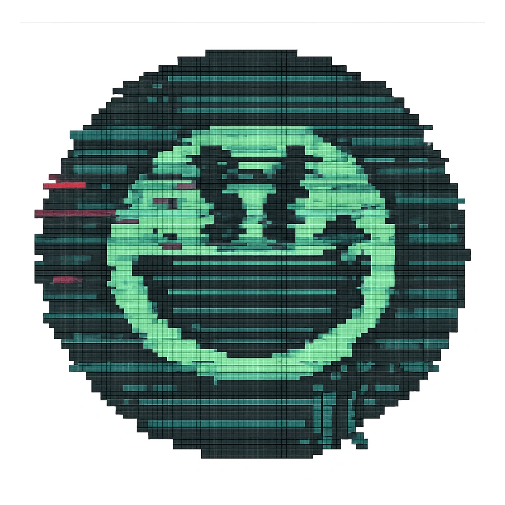 Add animated static lines to the smiley face with digital glitch effects in pixel art style, keeping the background transparent. Maintain the pixelated look and glitchy effect with static lines animation. sticker