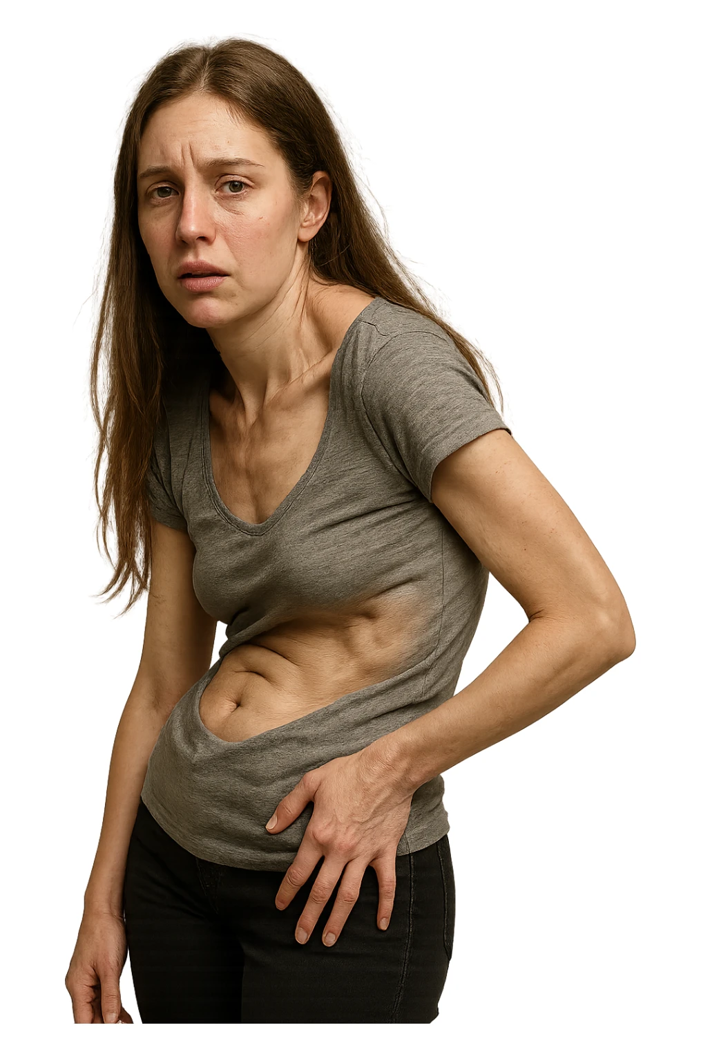 fai immagine identica ma di una donna con capelli lunghi, iperrealistico 4k, postura storta con spina dorsale storta sticker