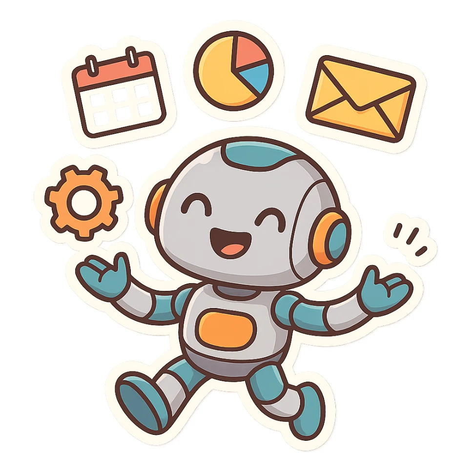 artificial intelligence, cheerful robot juggling icons of productivity (calendar, charts, gears, email), cartoon style sticker