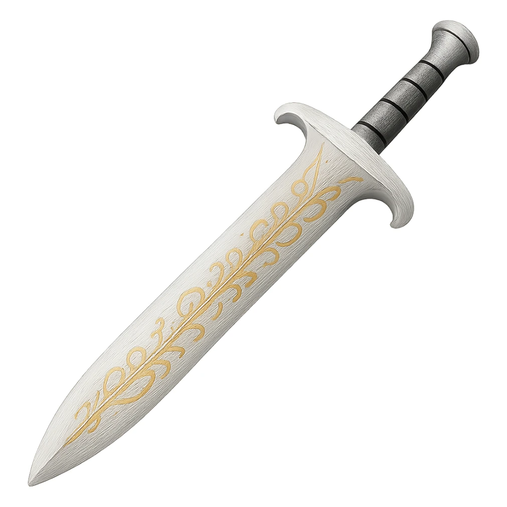 Recolor the sword to a very light metallic silver color with subtle, elegant gold engravings. The gold tone and style should match the provided silver shield reference, with a soft gold that is not too yellow or green. Transparent background. sticker