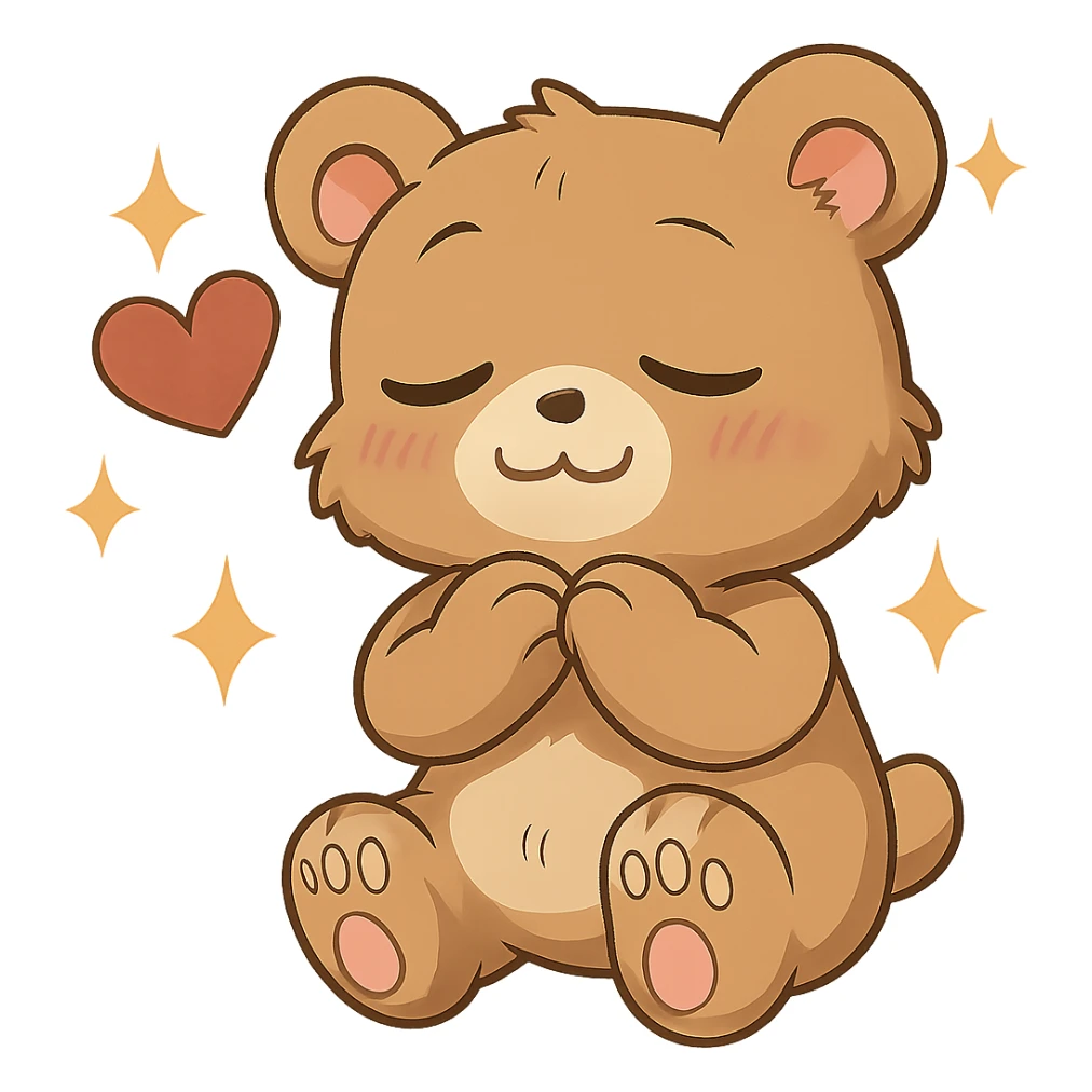Add sparkles around the anime style cute bear showing love. Keep the background transparent. The style is anime, cute bear with a love showing pose. sticker