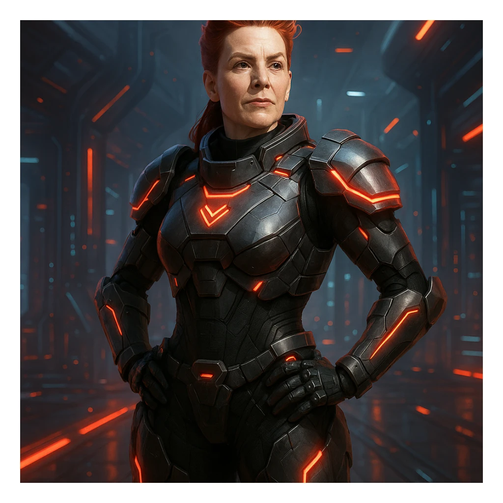 Scarlet Duke from the future, futuristic armor with glowing red accents, confident pose, sci-fi setting sticker