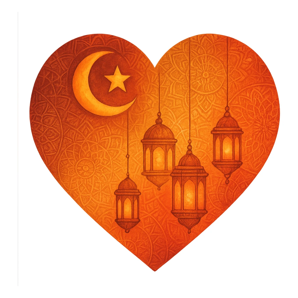 heart with Ramadan theme, crescent moon and star, lanterns, Islamic geometric patterns, warm colors sticker