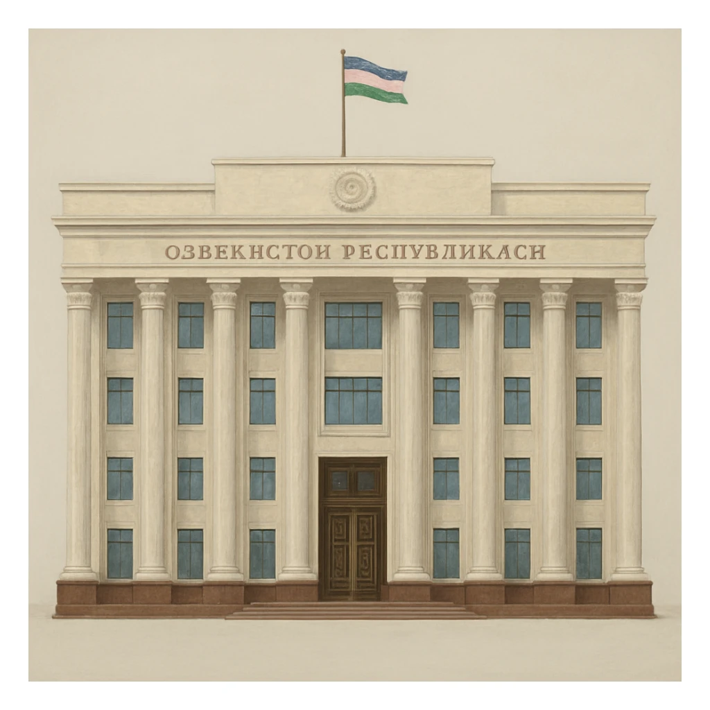 «Реалистичная живописная стильная прорисовка. Здание правительства узбекистана строго в анфас, прямо спереди, без наклона и без перспективы. Покажи ВСЁ здание целиком — сверху донизу и слева направо — с большим свободным полем вокруг, чтобы НИЧЕГО не обрезалось. На крыше должен быть флаг Узбекистана. Никаких деревьев, людей, фонтанов, автомобилей, тени от объектов и окружающей среды. Только полностью целое здание на однотонном чистом фоне (белом или светло-сером). Обязательно: “НЕ кадрировать, НЕ обрезать, оставить запас места вокруг здания». sticker