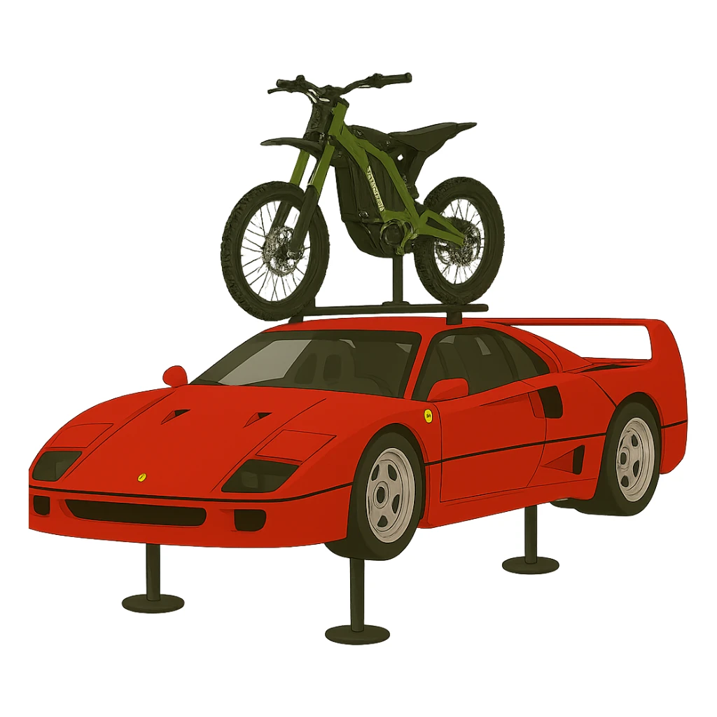 Replace the two bikes with one Sur-Ron electric bike with a green frame, mounted on the roof rack of the cartoonish Ferrari F40. Keep the background transparent. sticker