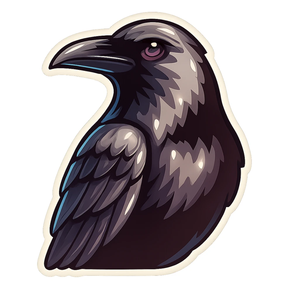 A large crow looking forward in retro sticker style, with detailed feathers, volume, various shades of gray, clear contours, vintage presentation, no gradients. sticker