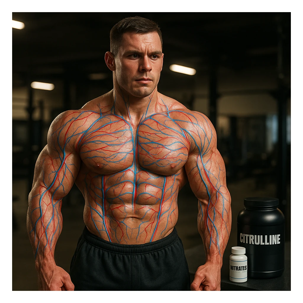 realistic bodybuilder showing muscle pump after taking Citrulline and Nitrates, visual details simulating blood flow with red and blue lines on muscles, supplements visible in background, sports environment, detailed sticker