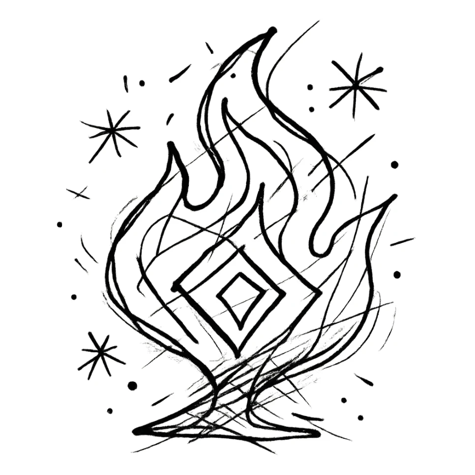 abstract flame shape, geometric style, chaotic black outline sticker
