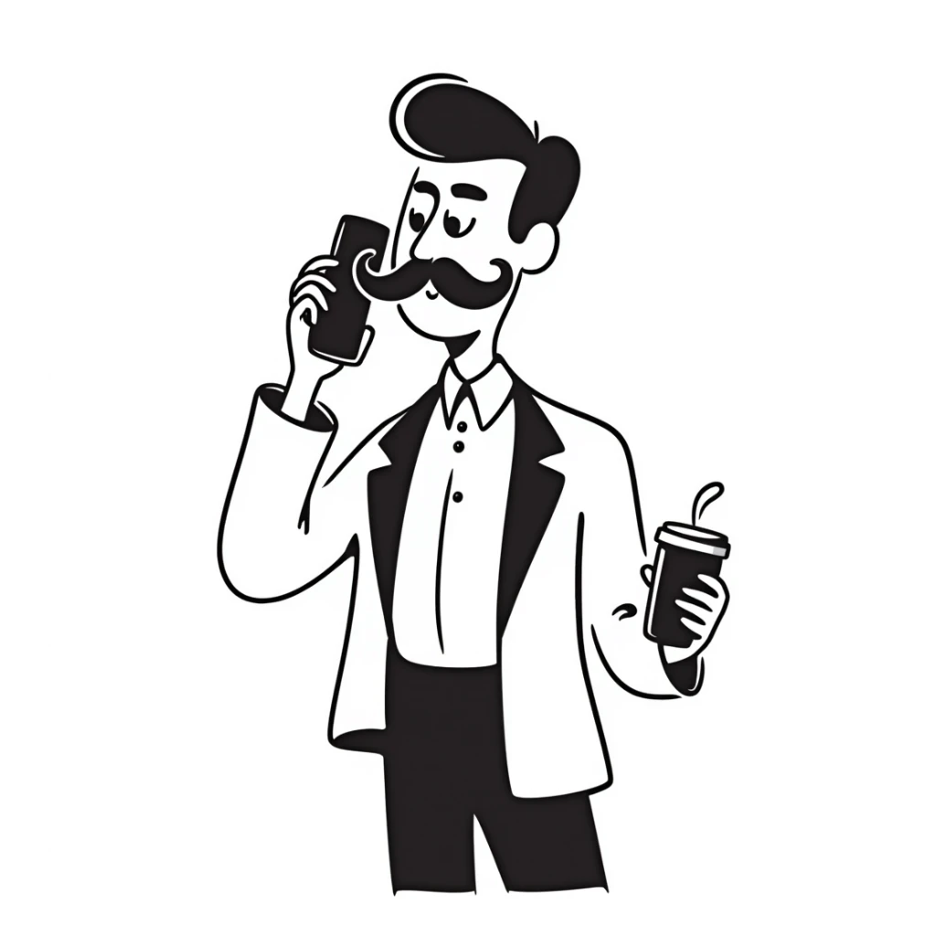 Wall Street finance bro with ridiculous oversized mustache, wearing expensive suit, holding phone and coffee sticker