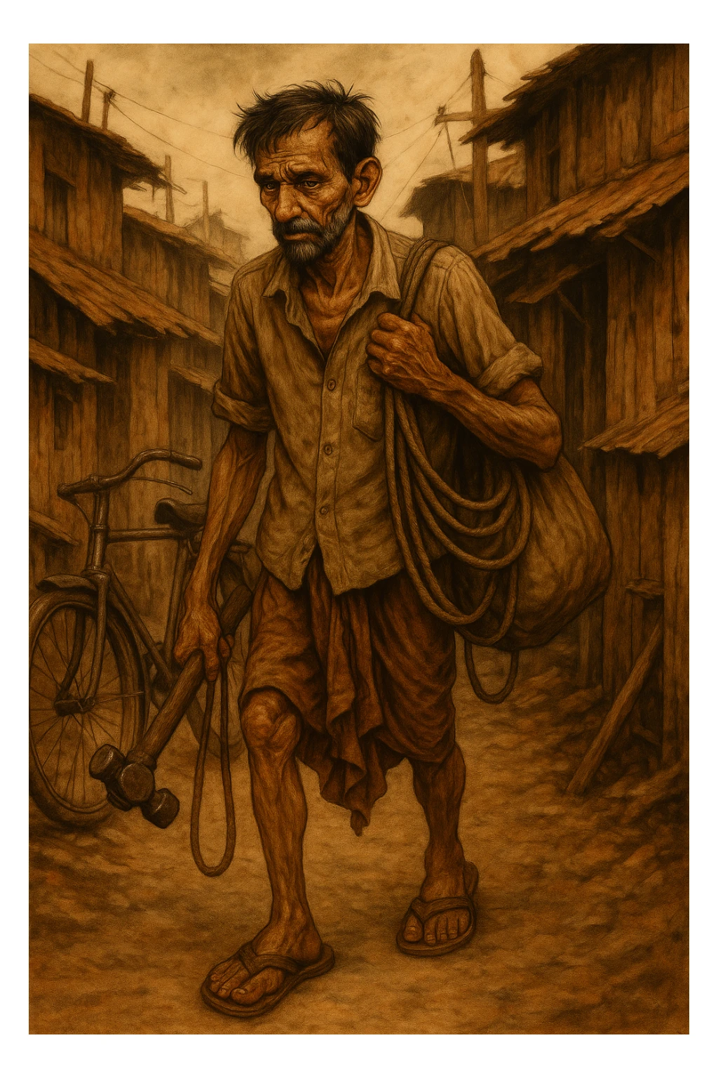 Include a worn bicycle with the struggling Indian father, as he walks to work in old sandals, keeping the expressive illustration and slum background. sticker