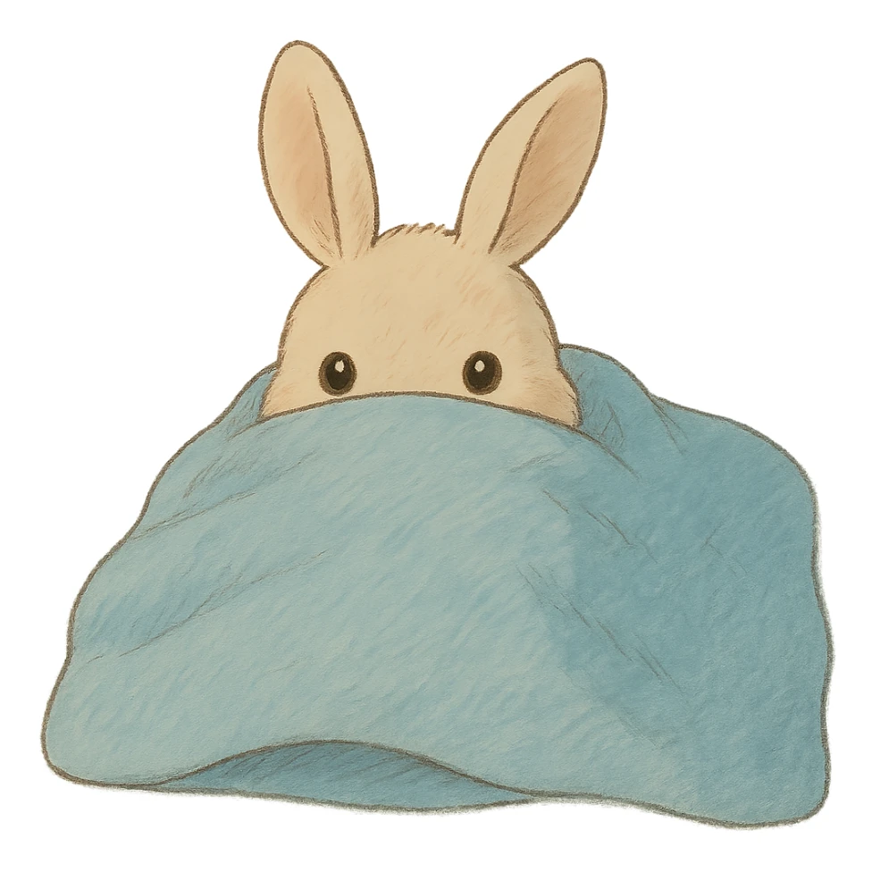 cream bunny lying under blanket, only eyes showing, soft Ghibli style sticker