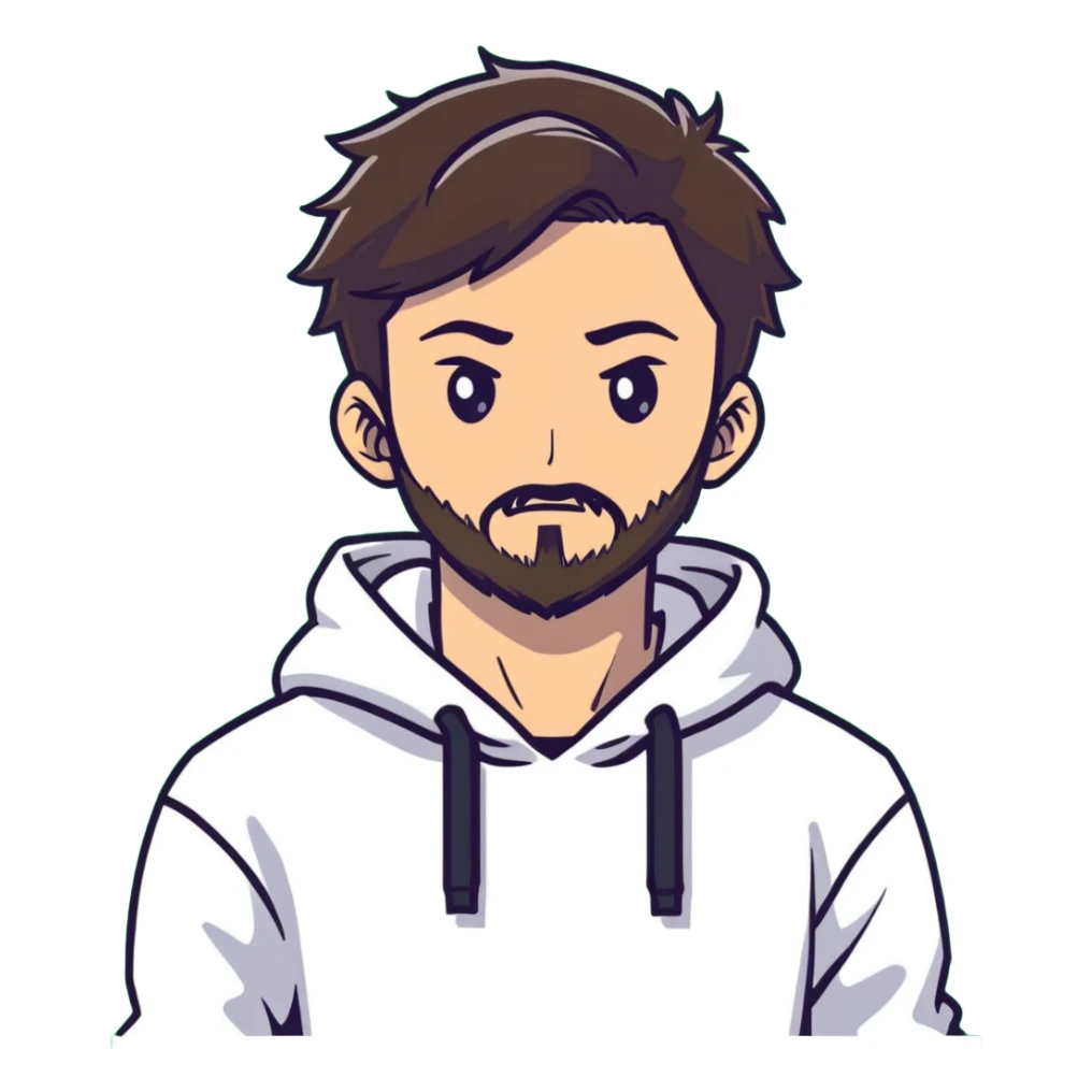 anime style man with short full beard, dark brown undercut hairstyle, white hoodie, and green eyes sticker