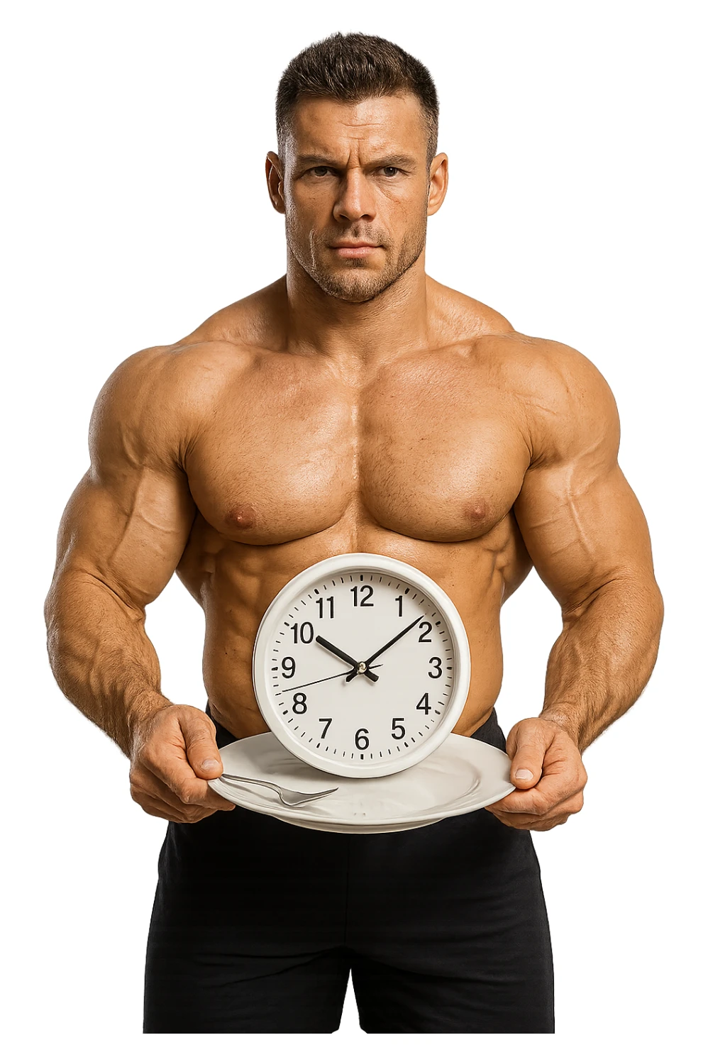 bodybuilder che ha un piatto in mano con un orologio che simboleggia il digiuno intermittente, iperrealistico 4k sticker