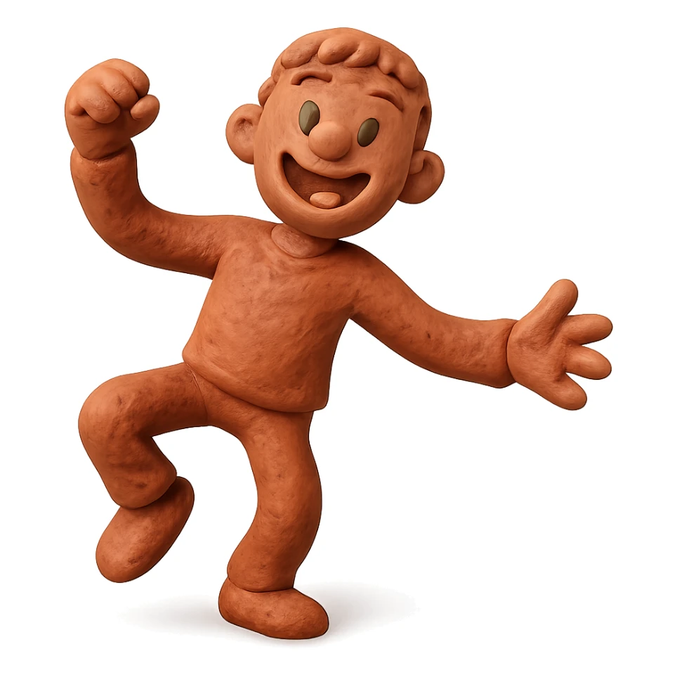 claymation style figure dancing, playful Friday energy sticker