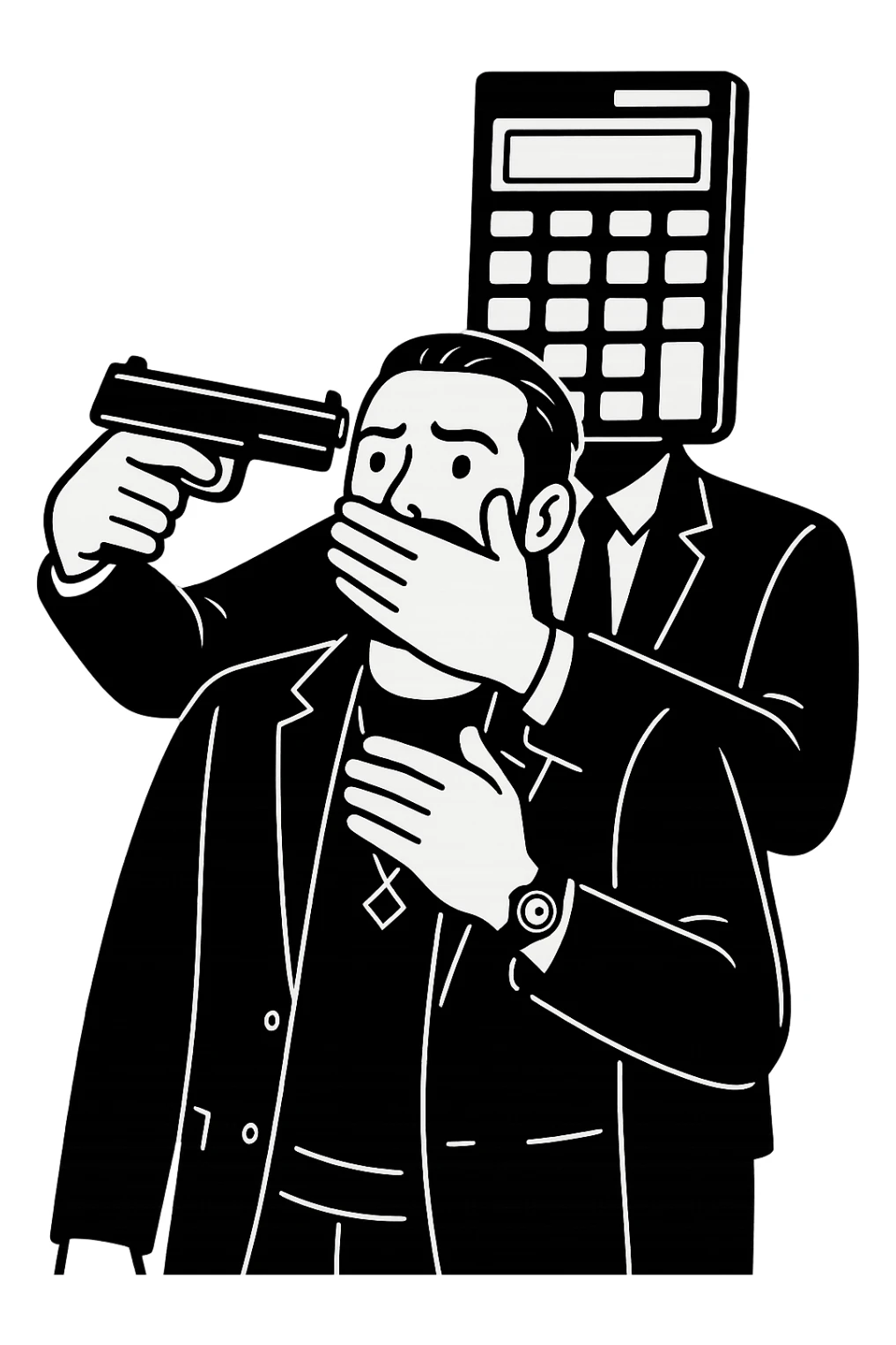 Используя такую стилистику и точно такого же героя, сгенерируй картинку. На ней позади героя стоит фигура в черном костюме, у которой вместо головы калькулятор и она приставила к виску героя пистолет, а другой рукой закрывает рот героя, прозрачный фон sticker