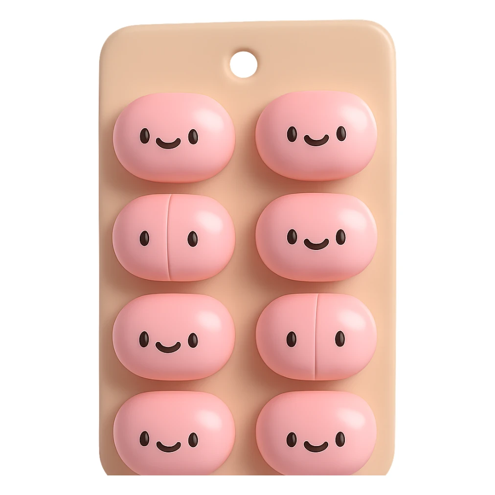 light pastel pink oval pills in a light beige blister pack, no background, vinyl figure 3D emoji style sticker